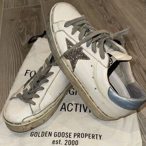 Golden Goose White HISTAR Sneakers with Silver Star and light blue back